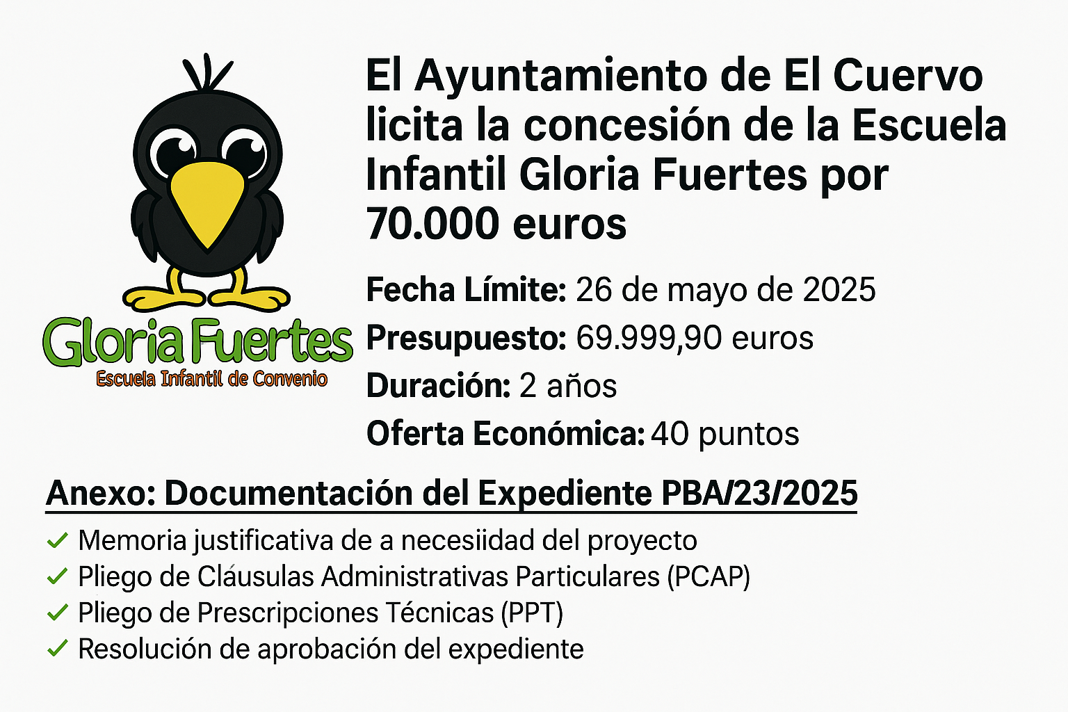 El Ayuntamiento de El Cuervo licita la concesión de la Escuela Infantil Gloria Fuertes por 70.000 euros