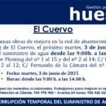Corte temporal de agua en varias calles de El Cuervo el martes 3 de junio