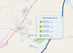 Cortes de carril en la AP-4 a la altura de El Cuervo de Sevilla